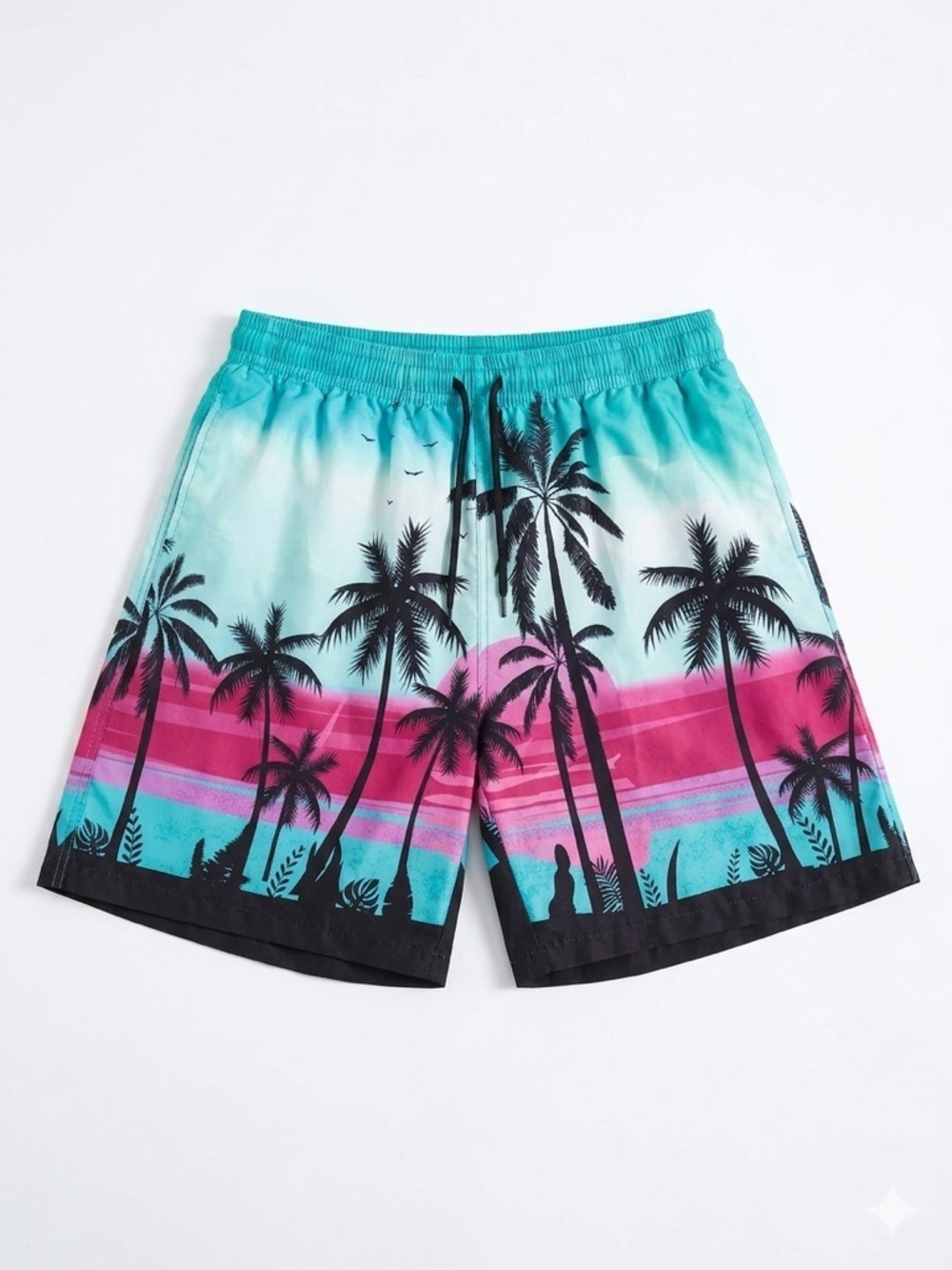 Tropical Palm Tree Sunset Swim Trunks XL Teal Pink Retro